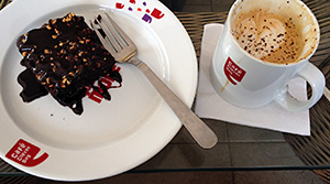 Cappuccino and brownie at Cafe Coffee Day